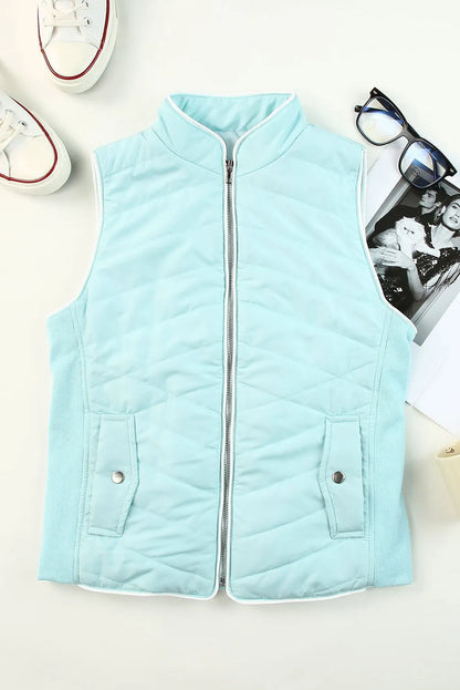 Sky Blue Zip-up Side Pockets Puffer Vest - Chic Meadow Boutique 