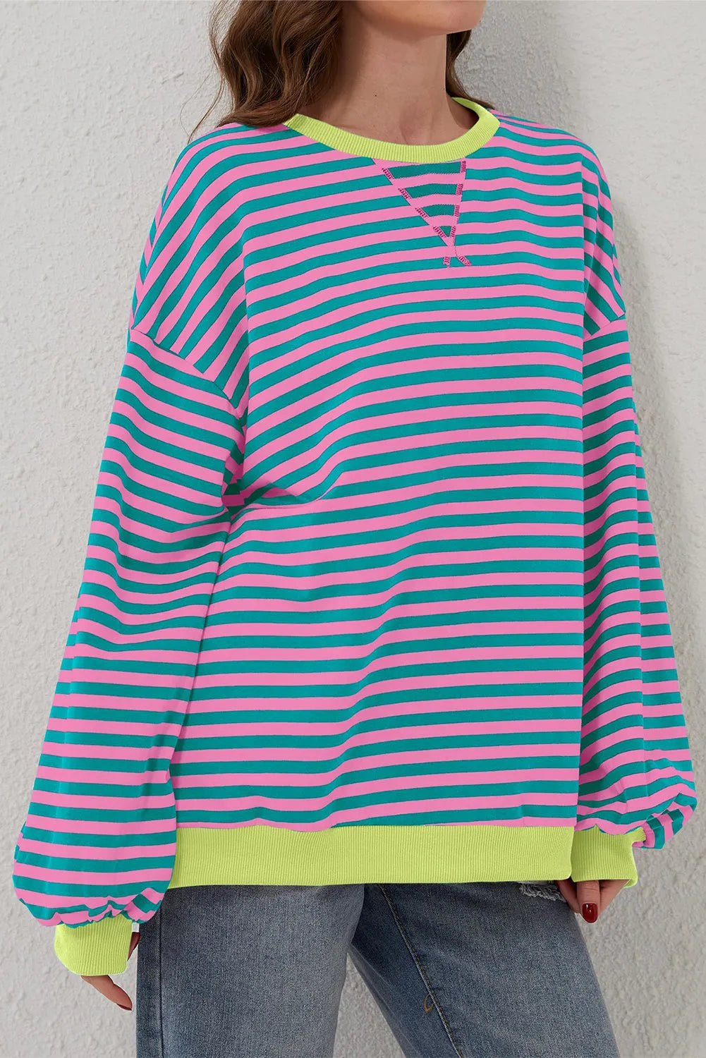 Green Stripe Oversized Contrast Trim Pullover Sweatshirt - Chic Meadow Boutique 