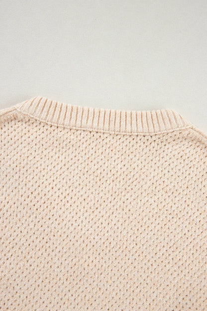 Parchment Loose Eyelet V Neck Drop Shoulder Sweater - Chic Meadow Boutique 