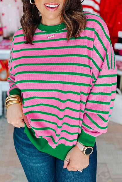 Pink Stripe Waffle Knit Crew Neck Plus Size Sweatshirt