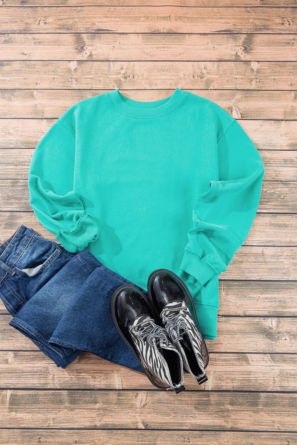 Aruba Blue Plain Drop Shoulder Crewneck Pullover Sweatshirt - Chic Meadow Boutique 