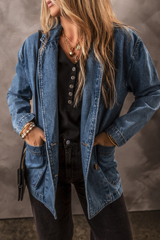 Sail Blue Side Pockets Lapel Collar Denim Jacket - Chic Meadow Boutique 