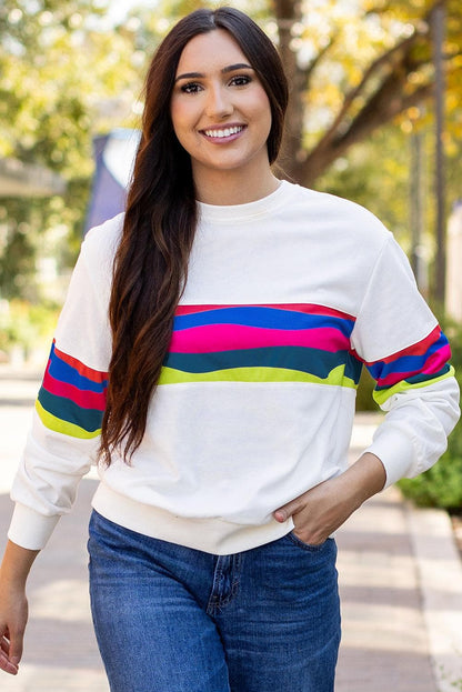 Tops/Long Sleeve Tops White Colorful Striped Accent Long Sleeve T Shirt