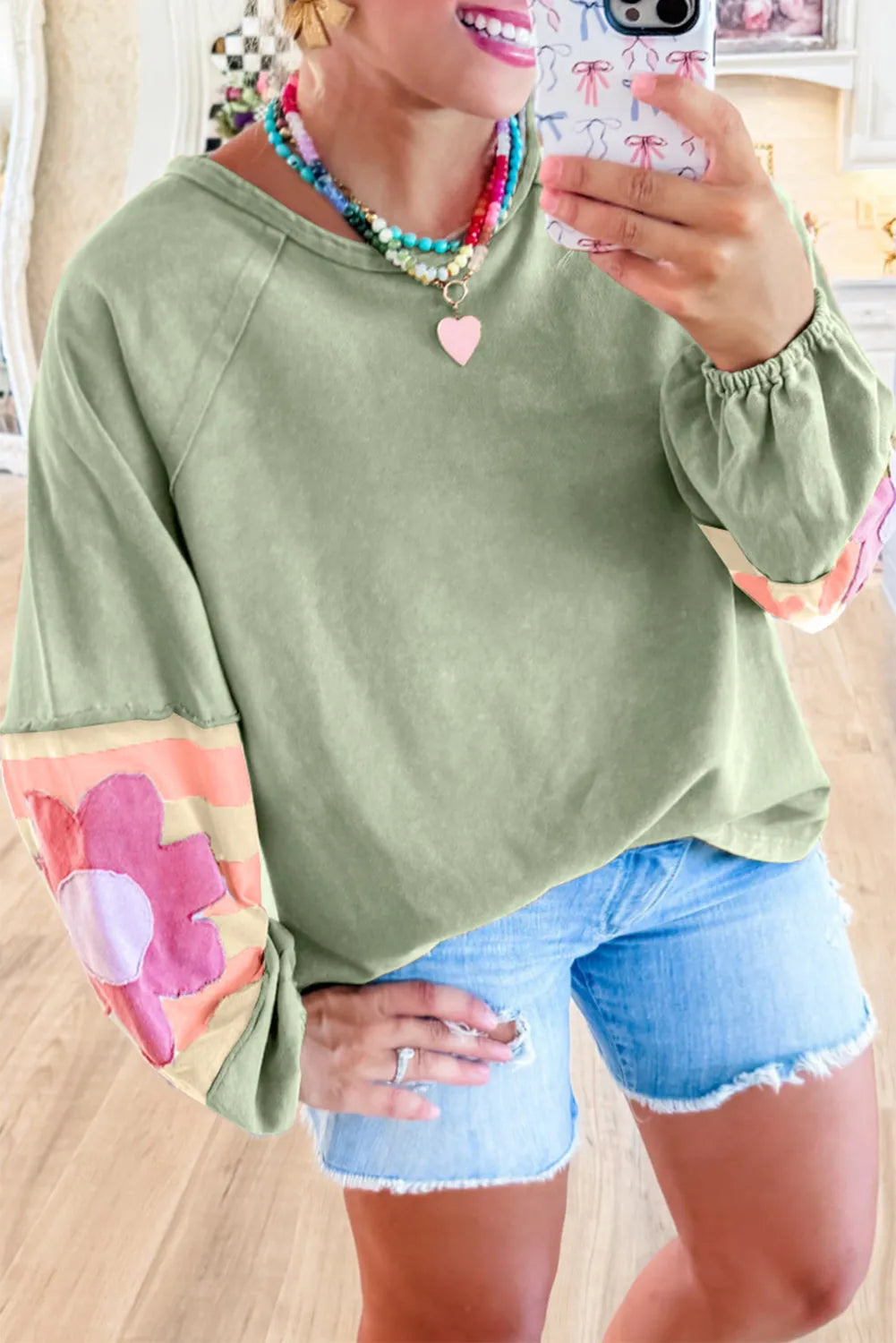 Smoke Green Flower Patchwork Raglan Sleeve Exposed Seam Oversized Top - Chic Meadow Boutique 