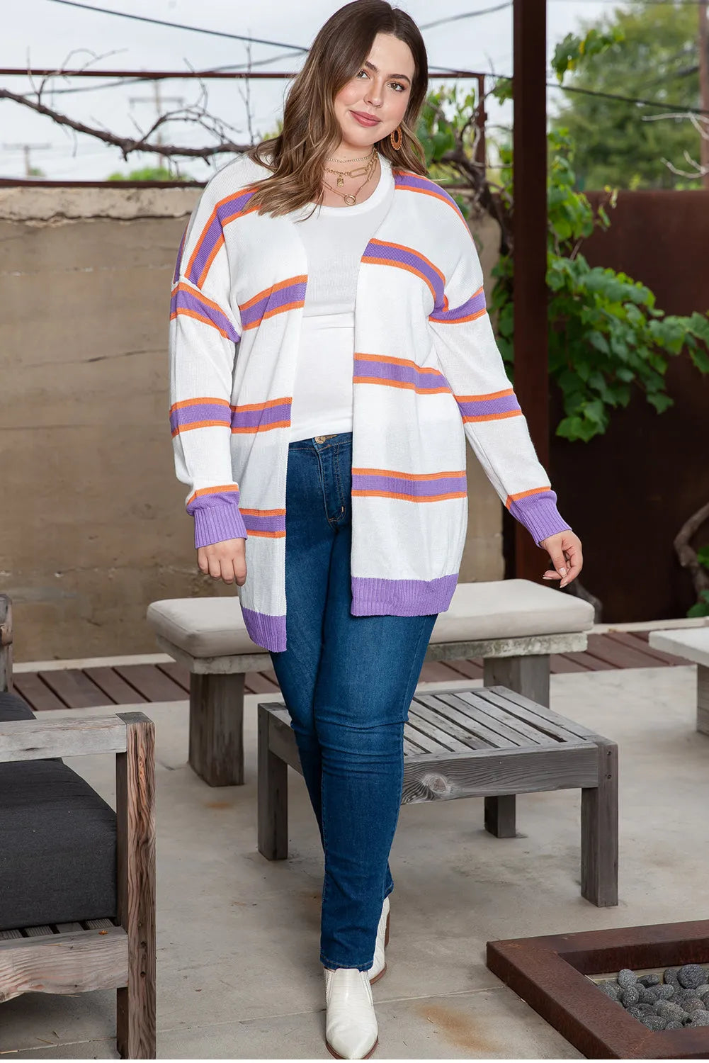 Beige Plus Size Striped Dropped Shoulder Sweater Cardigan - Chic Meadow Boutique 