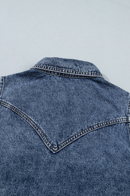 Ashleigh Blue Solid Denim Button Front Pocket Sleeveless Cowboy Vest