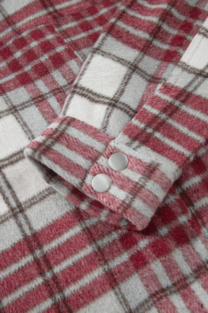 Red Plaid Flannel Metal Button Collar Long Sleeve Vintage Shift Jacket