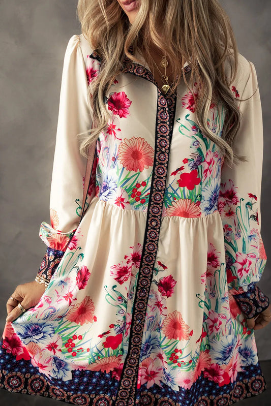 Apricot Floral Print Buttoned High Waist Shirt Mini Dress - Chic Meadow Boutique 