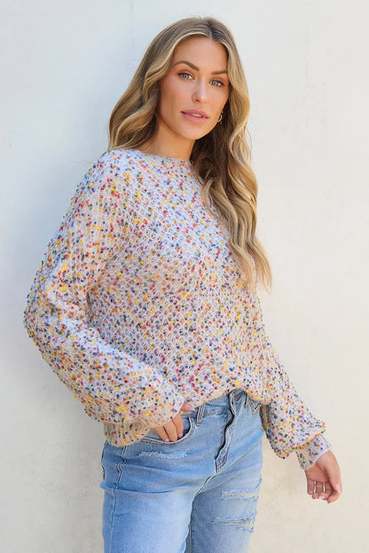 White Confetti Knit Popcorn Sweater Top - Chic Meadow Boutique 