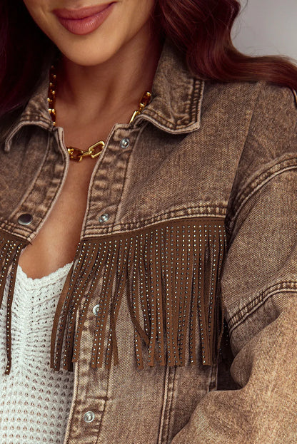 Brown Rhinestone Fringed Cowgirl Fashion Denim Jacket - Chic Meadow Boutique 