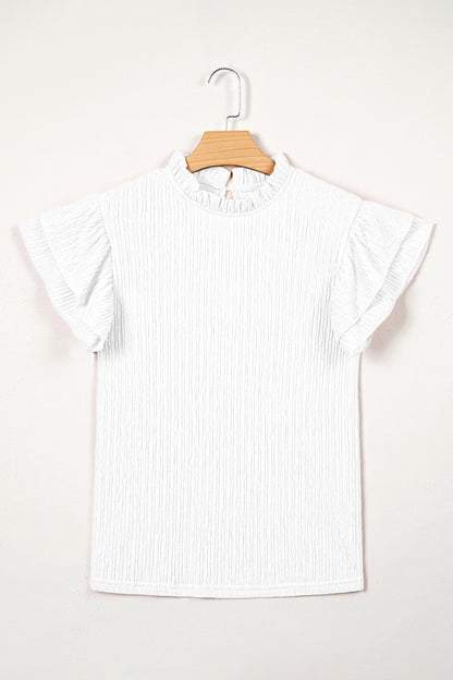 White Solid Color Textured Ruffle Trim Short Sleeve Blouse
