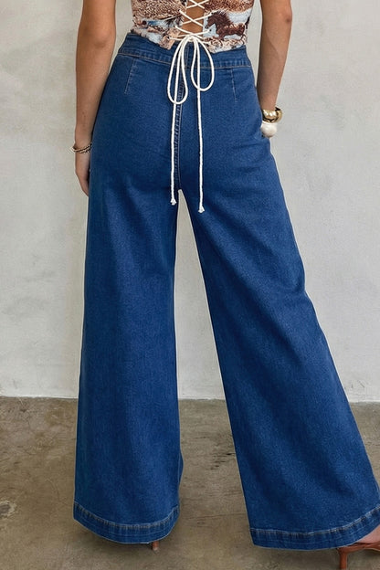 Sail Blue Hardware Decor Patched Pockets Wide Leg Denim Pants