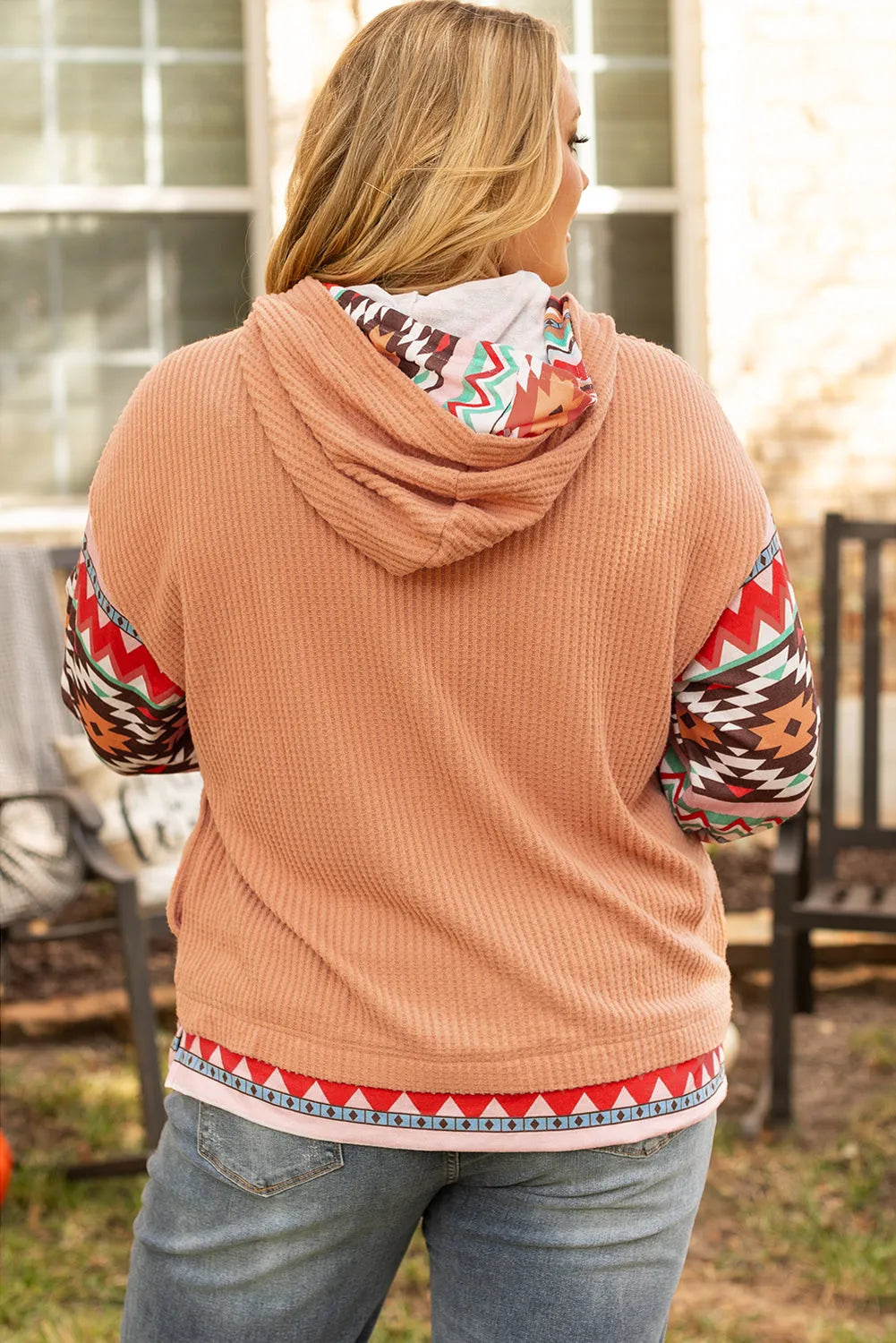 Khaki Aztec Patchwork Waffle Knit Plus Size Hoodie - Chic Meadow Boutique 