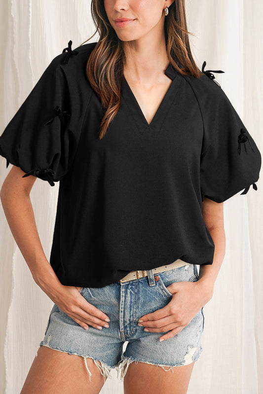 Black Bow Decor Puff Sleeve Split Neck Blouse