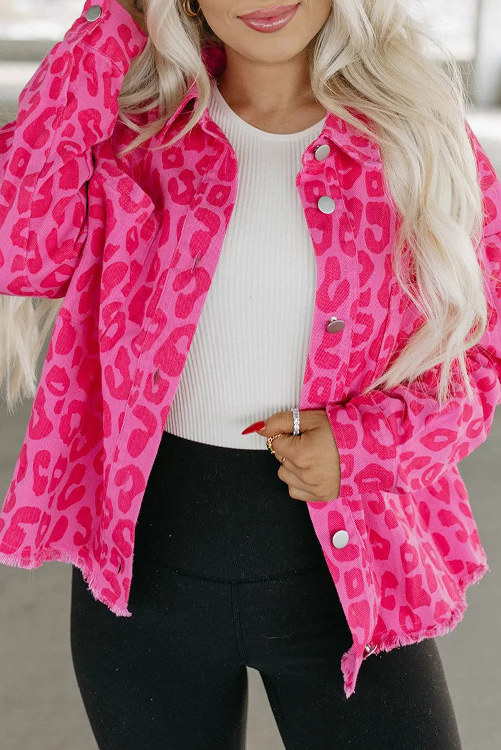 Outerwear/Denim jackets Pink Leopard Print Button Cuffs Raw Hem Jacket