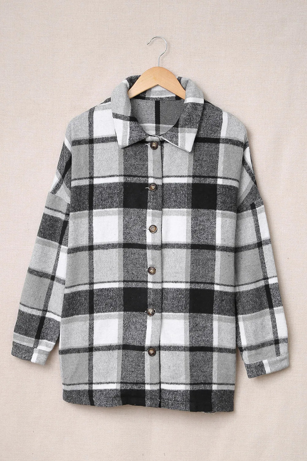 Gray Plaid Print Buttoned Shirt Jacket - Chic Meadow Boutique 