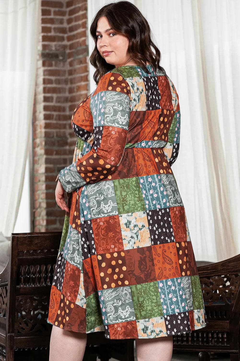 Plus Size/Plus Size Dresses/Plus Size Maxi Dresses Green Printed Multicolor Western Checkered Plus Size Swing Dress