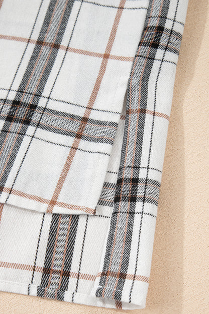 White Plaid Print Collared V Neck Loose Blouse with Side Slits