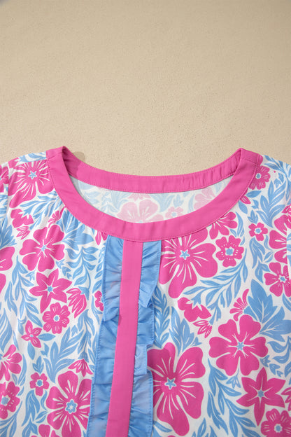 Rose Floral Print Ruffled Color Block Trim Half Sleeve Blouse
