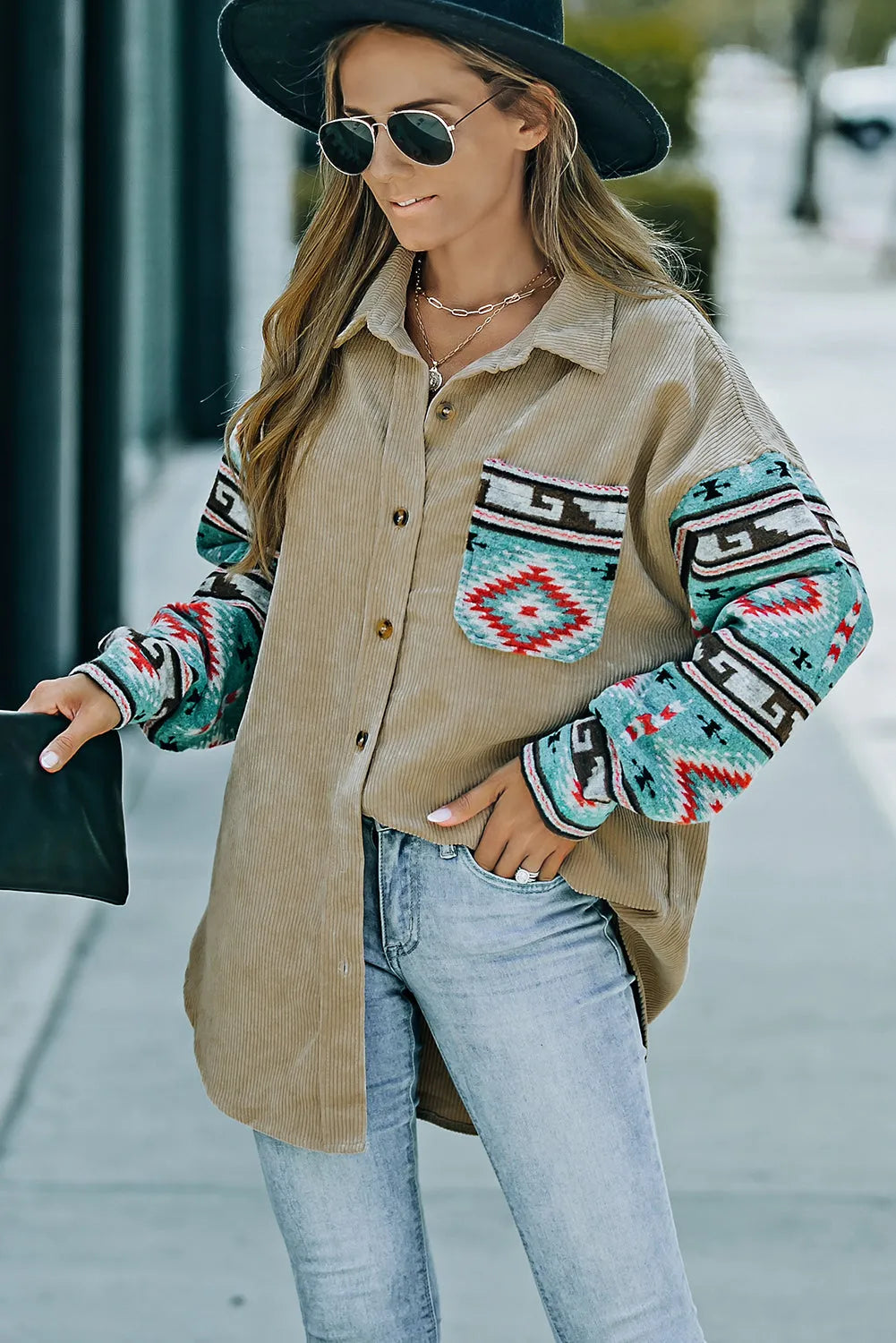 Khaki Aztec Pattern Sleeve Pocketed Corduroy Shacket - Chic Meadow Boutique 