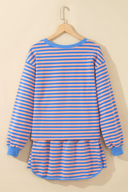 Blue Stripe Long Sleeve Relaxed Pullover Drawstring Mini Skort 2pcs Set