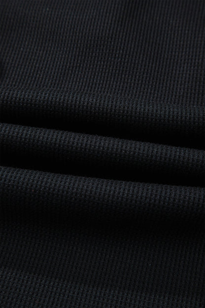 Black Waffle Knit Denim Contrast Trim Patchwork Button Polo Tee Dress