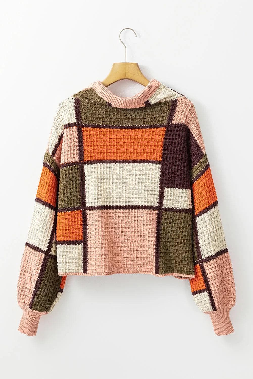 Sweaters & Cardigans/Sweaters Orange Color Block Waffle Knit Drawstring Mock Neck Sweater