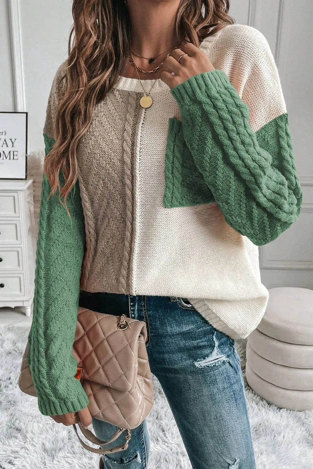 Vineyard Green Colorblock Patched Pocket Drop Shoulder Sweater - Chic Meadow Boutique 