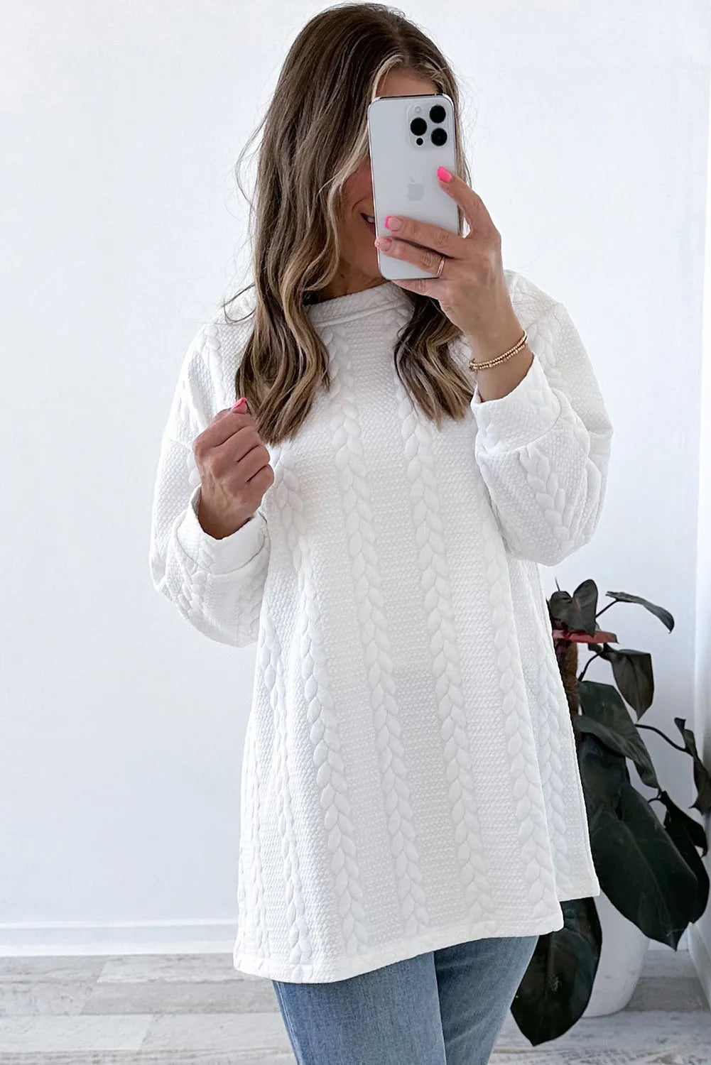 White Cable Textured Long Sleeve Round Neck Top - Chic Meadow Boutique 