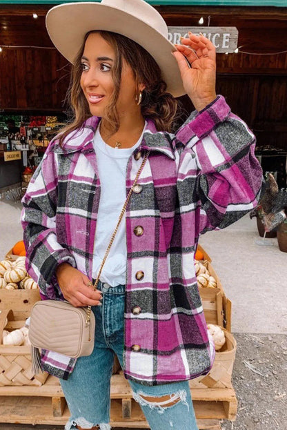 Rose Plaid Print Buttoned Shirt Jacket - Chic Meadow Boutique 