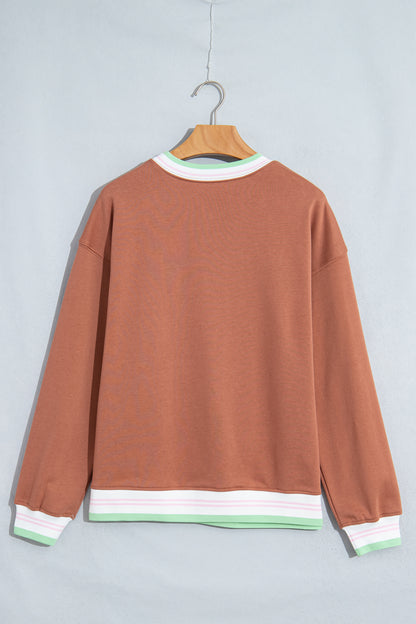 Straw Yellow Contrast Striped Trim Baggy Pullover Sweatshirt