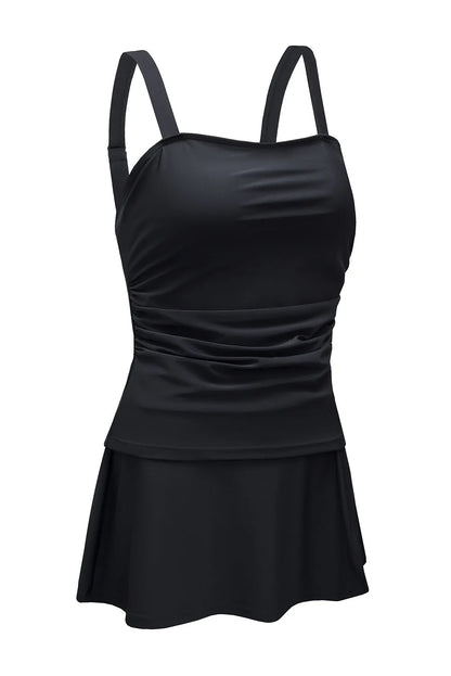 Black Solid Square Neck Sleeveless Tankini Swimsuit - Chic Meadow Boutique 