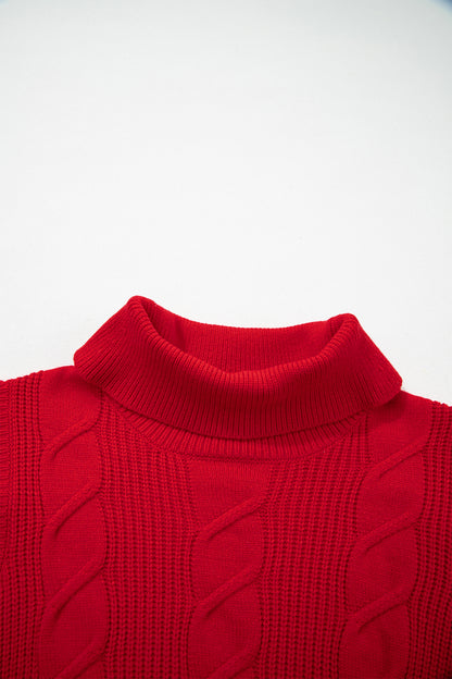 Tomato Red Cable Knit Turtleneck Ruffled Short Sleeve Sweater
