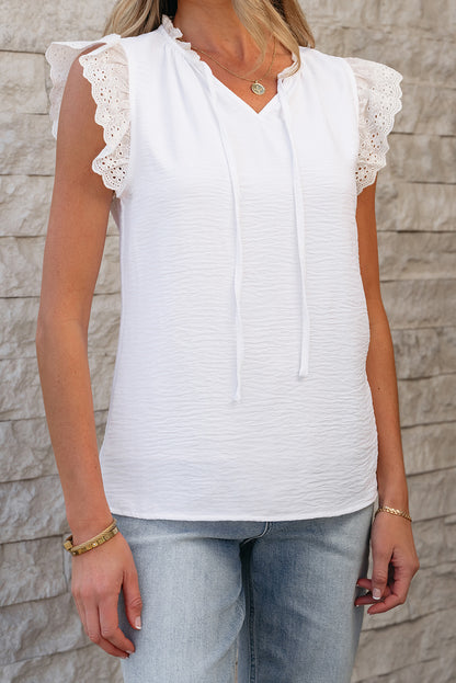 White Embroidered Ruffle Trim Textured Blouse