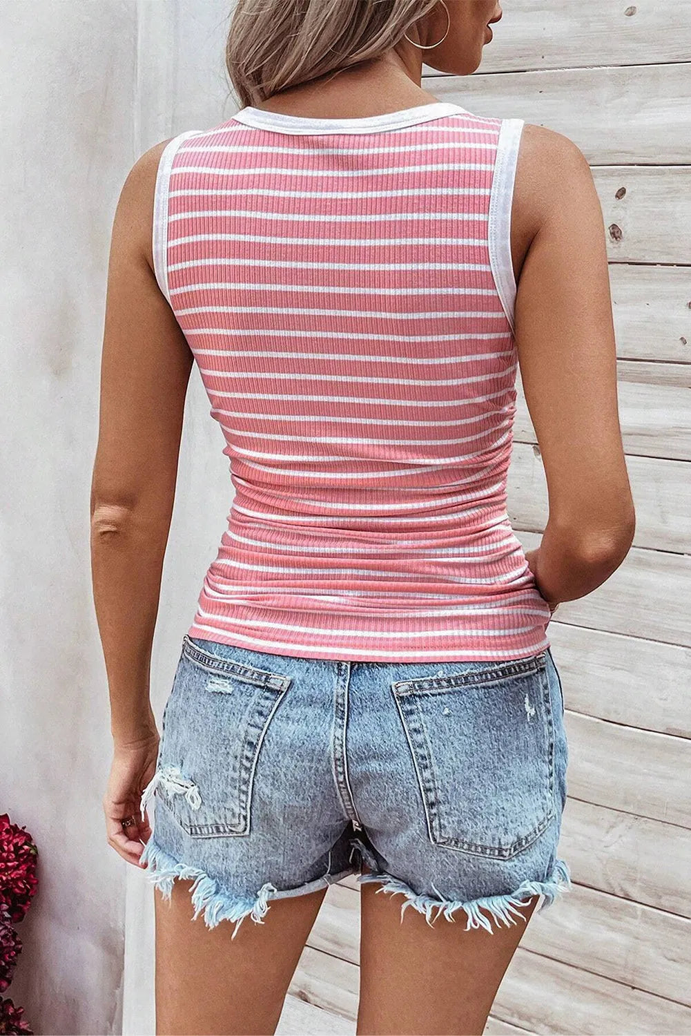 Pink Stripe Contrast Round Neck Sleeveless Slim Top - Chic Meadow Boutique 