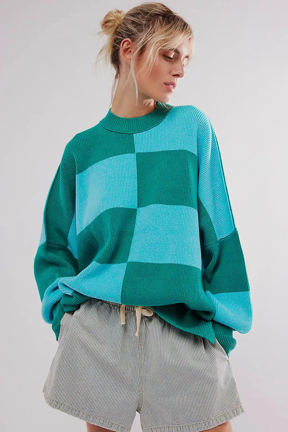 Green Checkered Side Slits Drop Shoulder Oversized Sweater - Chic Meadow Boutique 