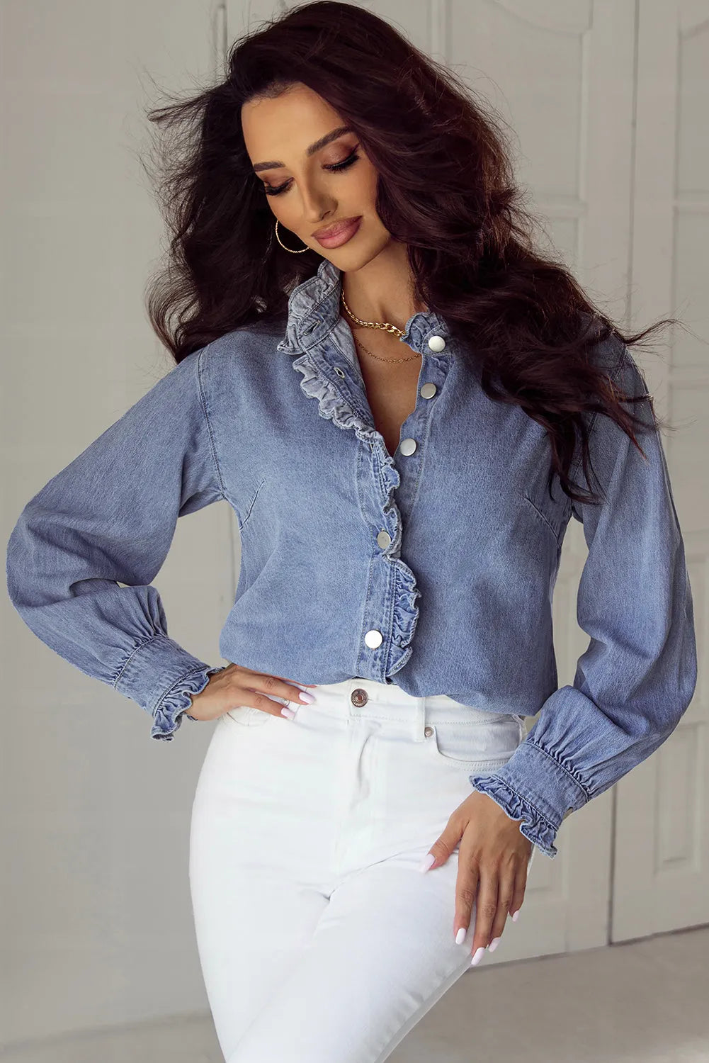 Beau Blue Ruffled Long Sleeve Buttoned Denim Shirt - Chic Meadow Boutique 