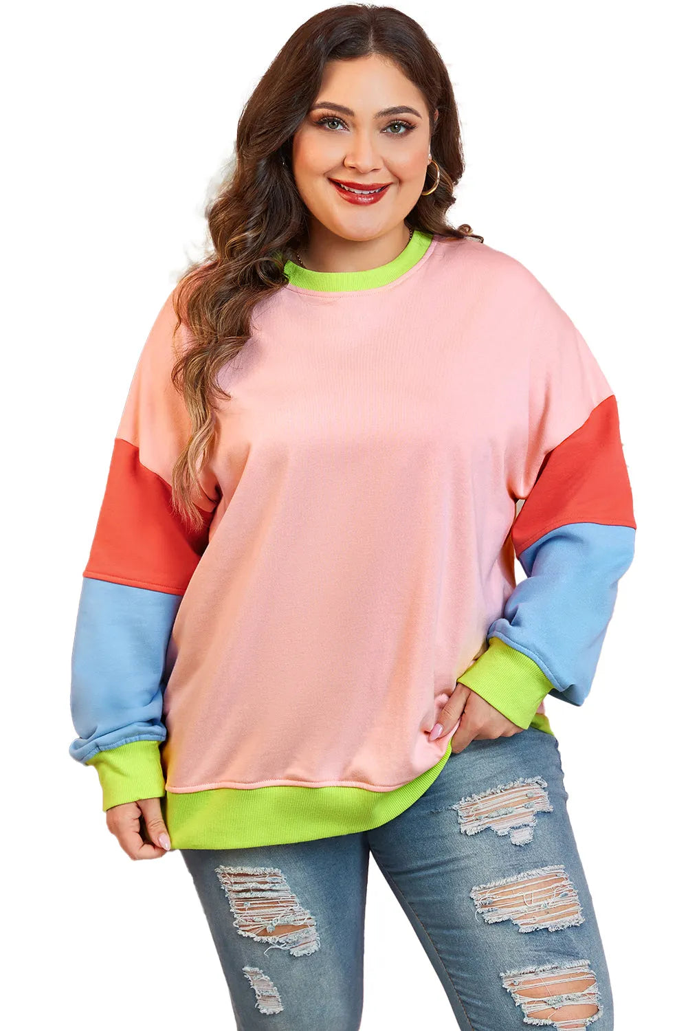 Light Pink Plus Size Colorblock Patchwork Crew Neck Sweatshirt - Chic Meadow Boutique 