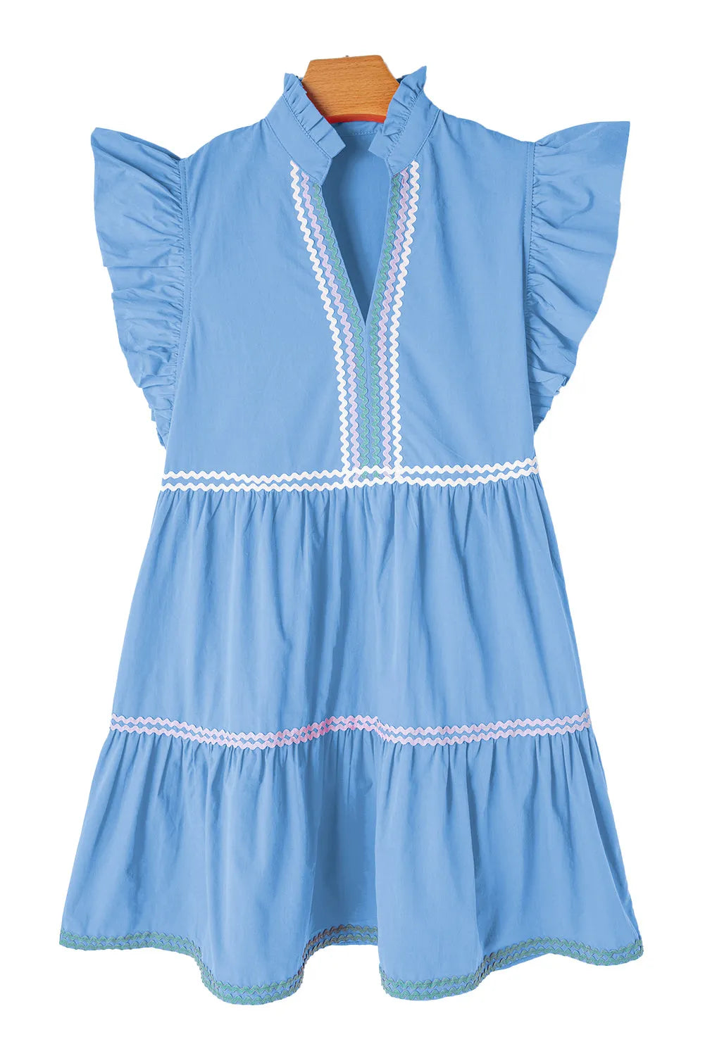 Beau Blue Ric Rac Colorblock Flutter Sleeve V Neck Tiered Dress - Chic Meadow Boutique 