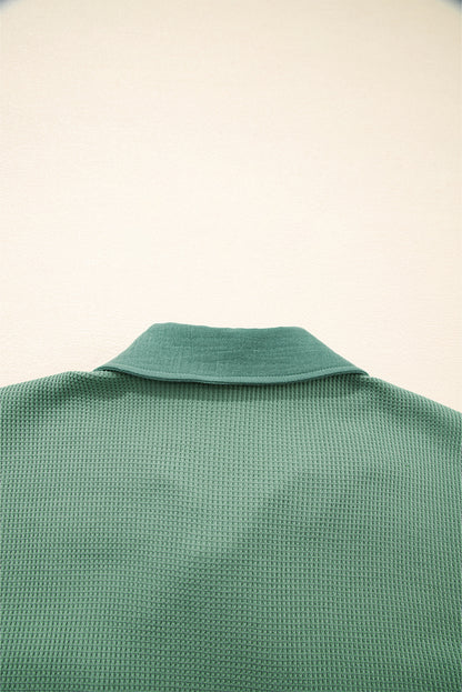 Grass Green Waffle Knit Vintage Patchwork Button Up Loose Shirt