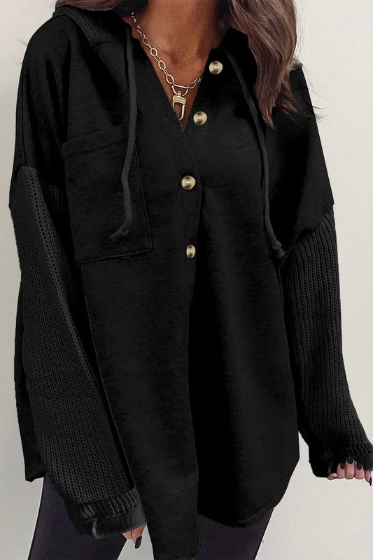 Black Button Up Contrast Knitted Sleeves Hooded Jacket - Chic Meadow Boutique 