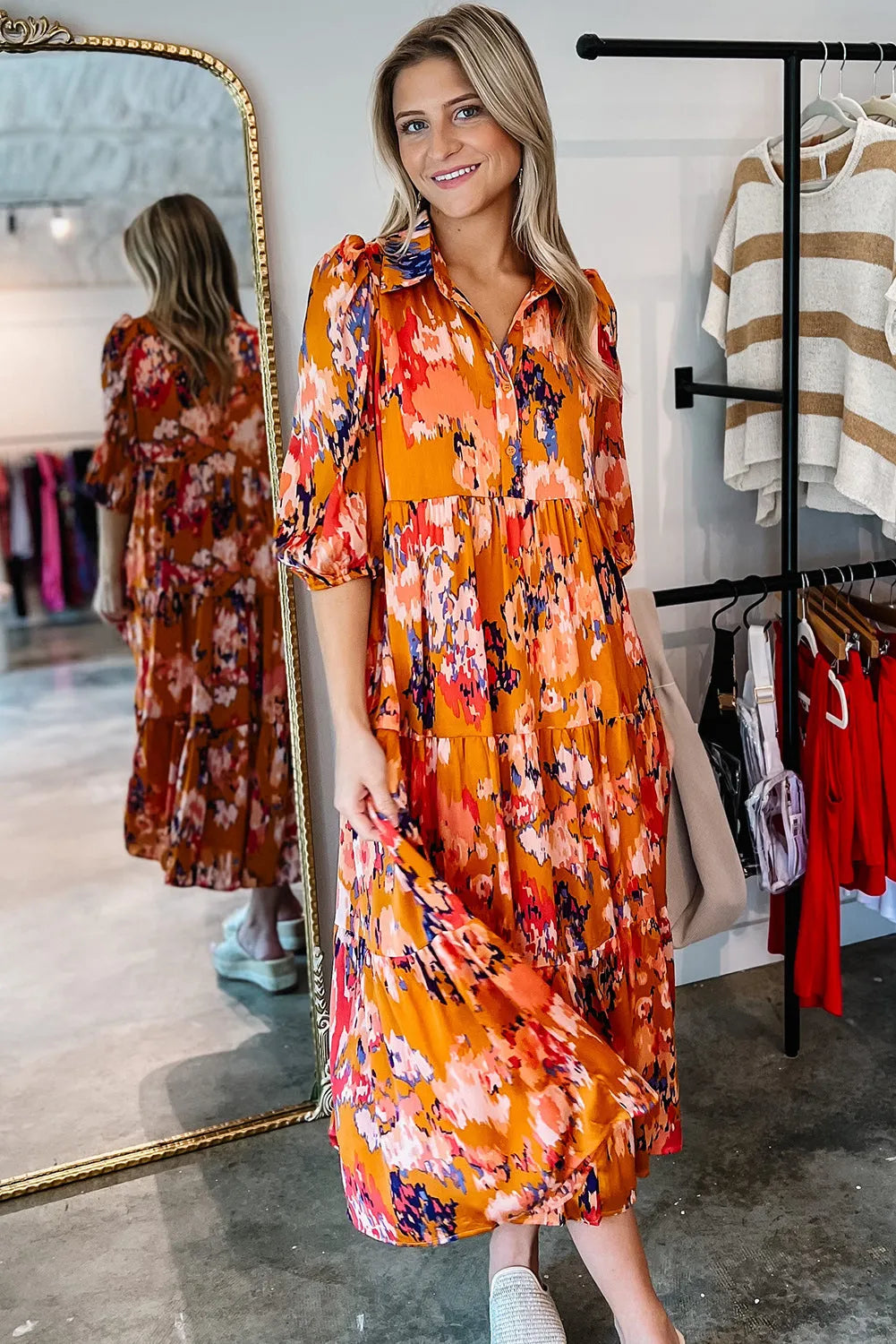 Orange Abstract Print Pleated Half Sleeve Buttoned Maxi Dress - Chic Meadow Boutique 