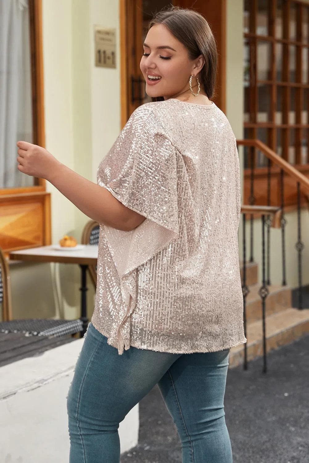 Plus Size/Plus Size Tops/Plus Size Tops & Tees Apricot Plus Size Sequined V Neck Boxy Top