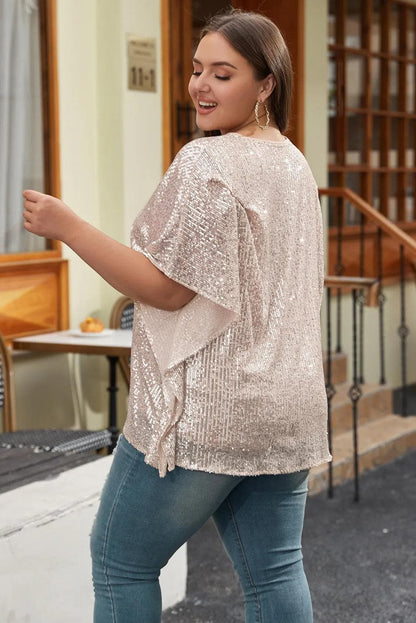 Plus Size/Plus Size Tops/Plus Size Tops & Tees Apricot Plus Size Sequined V Neck Boxy Top