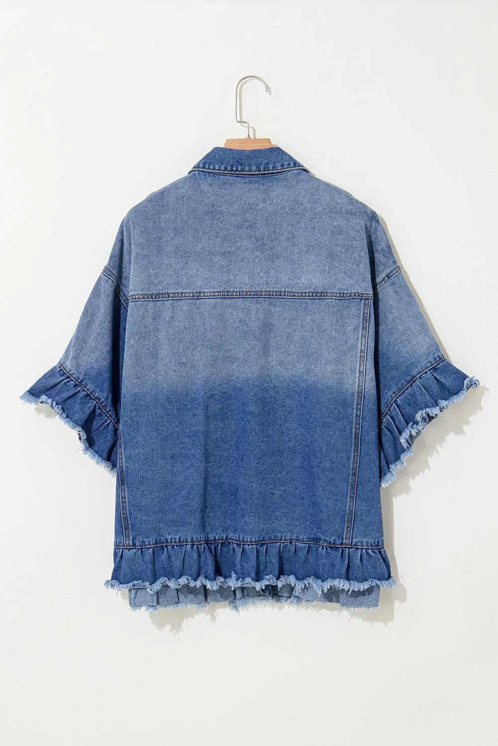 Plus Size/Plus Size Outerwear Peacock Blue Ruffled Frayed Short Sleeve Plus Size Denim Jacket