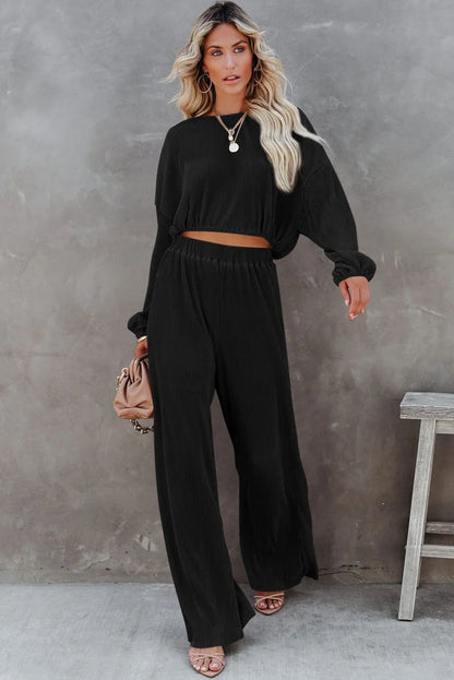 Black Corded Cropped Pullover and Wide Leg Pants Set - Chic Meadow Boutique 