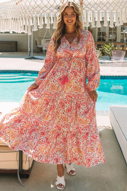 Orange Boho Holiday Paisley Print Tiered Long Sleeve Maxi Dress - Chic Meadow Boutique 