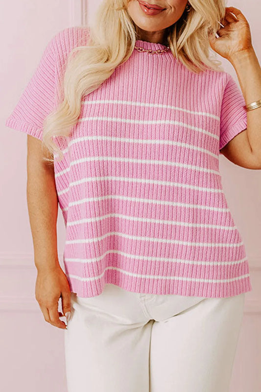 Pink Stripe Ribbed Loose Plus T Shirt - Chic Meadow Boutique 