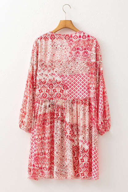 Pink Bohemian Floral Print Tassel Tie Long Sleeve Flowy Mini Dress