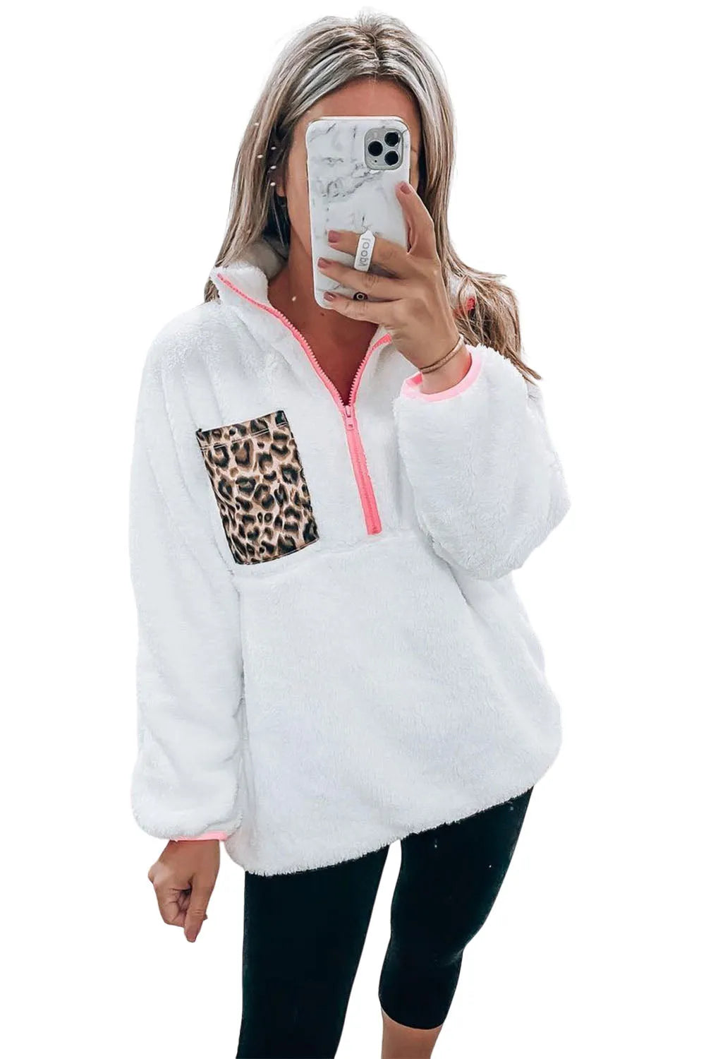 White Leopard Patch Pocket Half Zipped Fleece Sweatshirt - Chic Meadow Boutique 